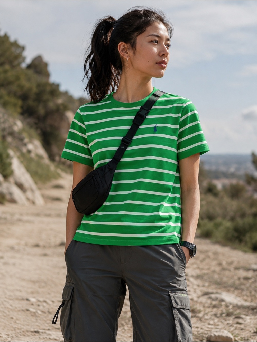 Ralph Lauren Sport Green Striped Cotton Tee | Women’s XL | Preppy Gorpcore